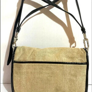Theysken’s theory beige canvas black patent leather crossbody